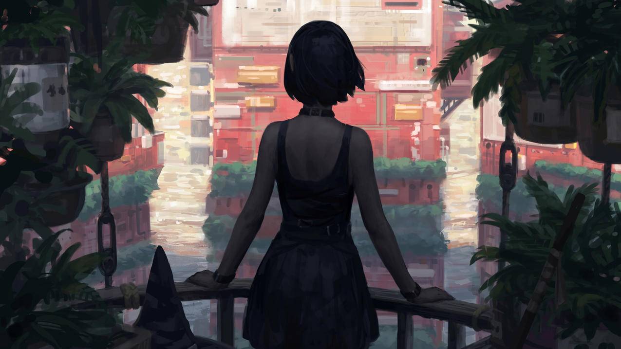 黑短发 连衣裙 后背 植物 阳台 城镇 建筑 绘画插图 4K动漫高清壁纸