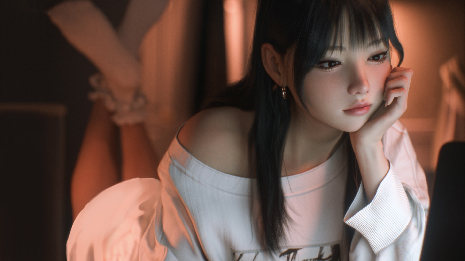 可爱 居家 女孩 长发 白色衣服 好看 动漫 美女 精选 高清壁纸