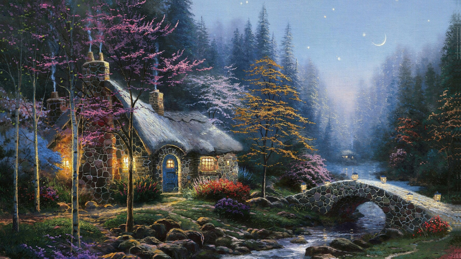 托马斯绘画,夜晚的森林,小屋,溪水,小桥,月亮,星星,意境高清壁纸