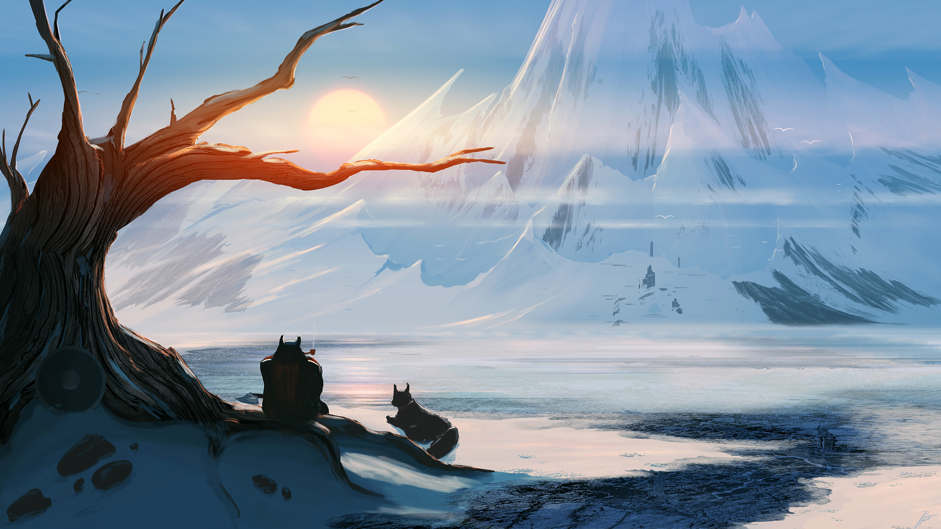 矮人 小狗 和山脉 冬天 雪山 树 2k风景高清壁纸
