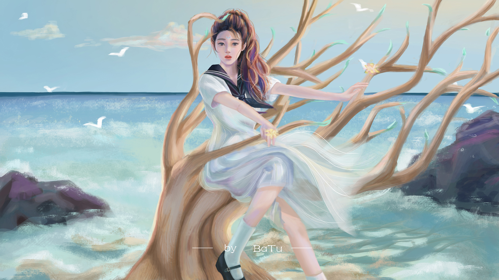 原创 巴图BaTu 海边 树 水手服女孩 唯美 电脑高清壁纸