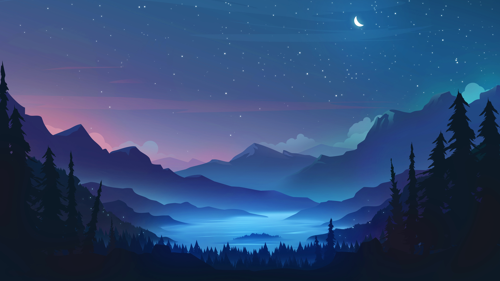 唯美 夜晚 山 树 星星 月亮 唯美 绘画风景 电脑 高清壁纸