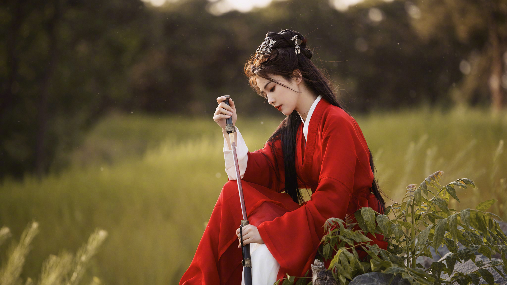 白鹿 侧脸 唯美 红色古装古风美女 精选高清壁纸