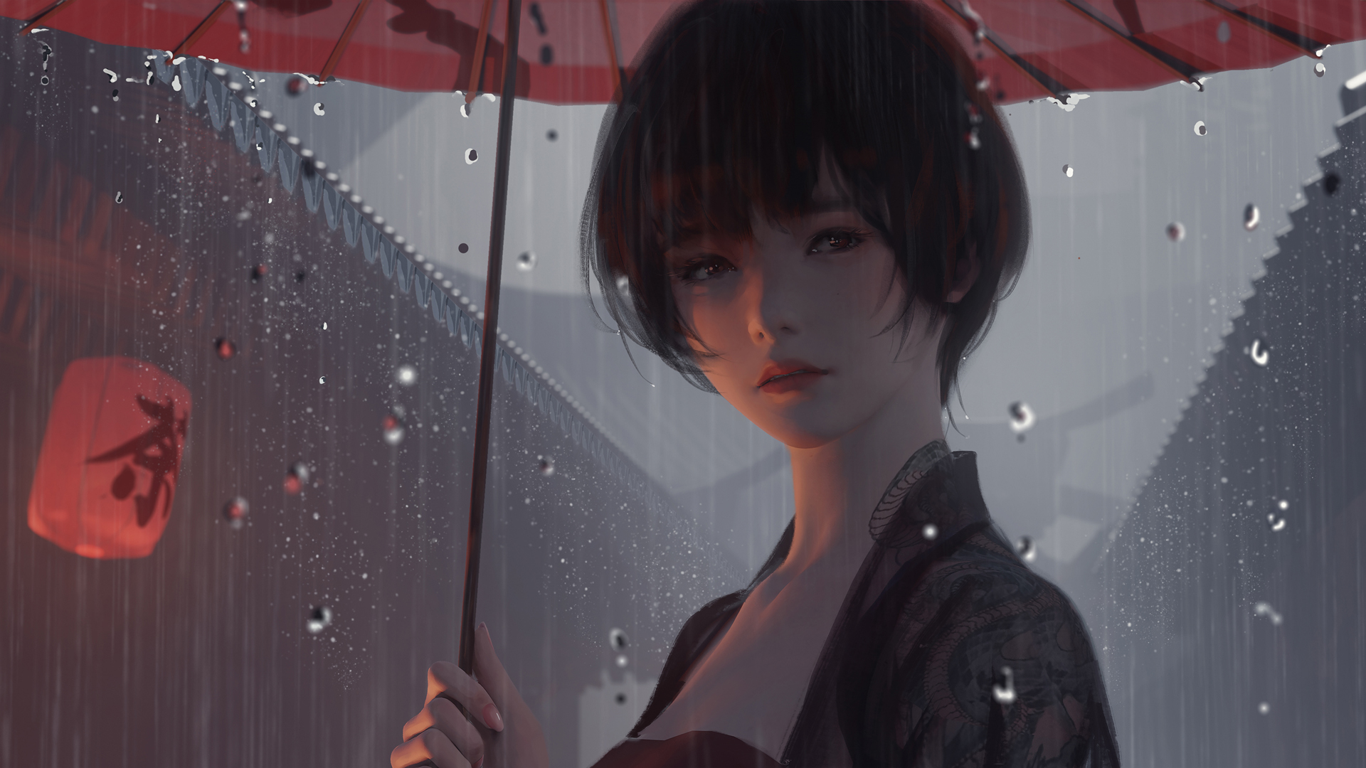 雨天 伞 短发美女 唯美古风 厚涂画 动漫高清壁纸