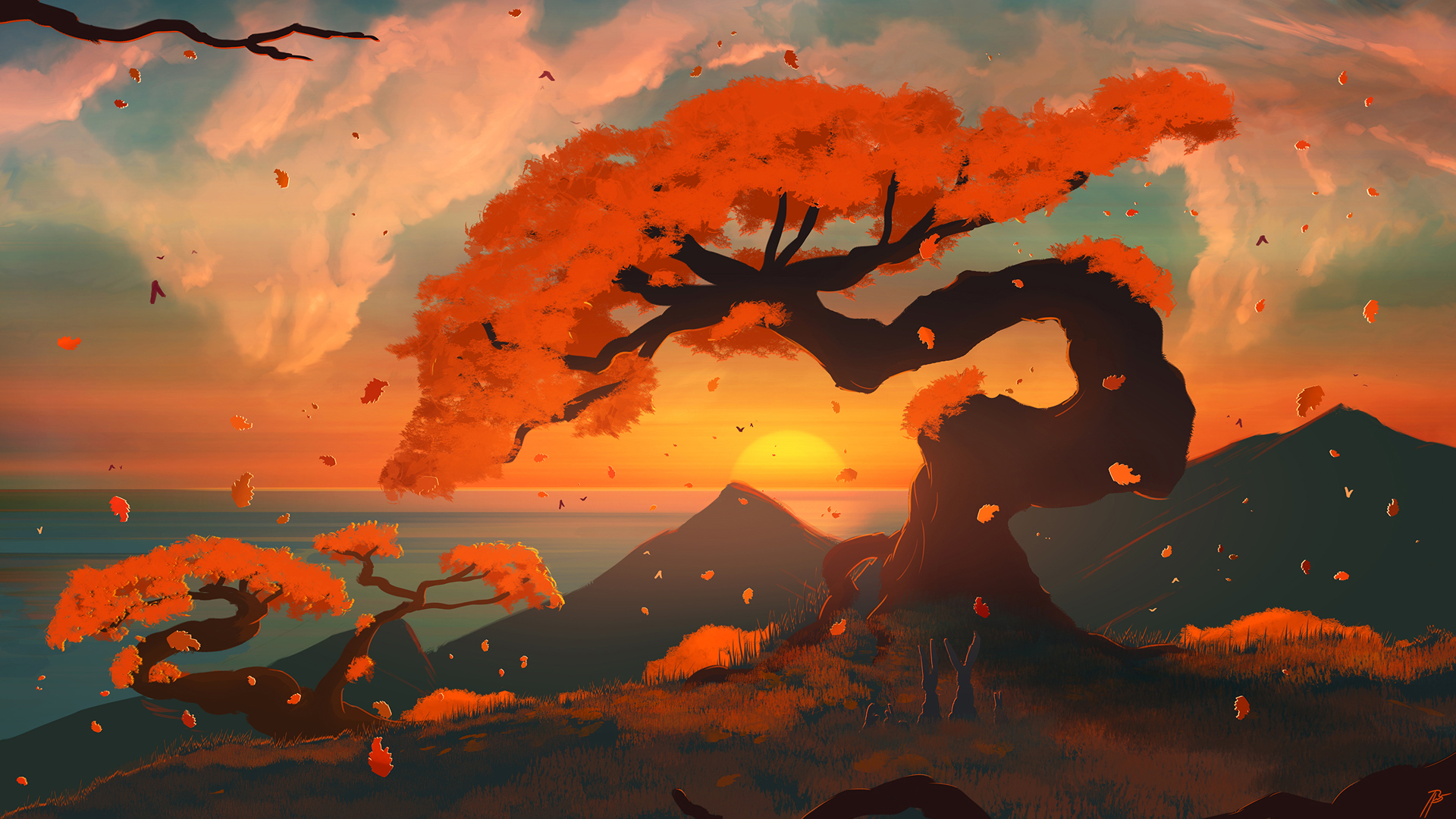 秋天 唯美日落 树 红叶 天空 云 海边 山 精选风景高清壁纸