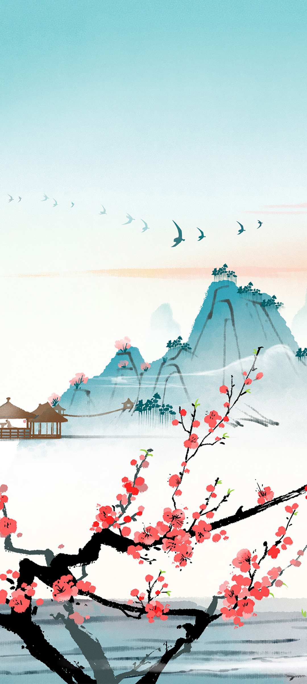 中国风 手绘风景 梅花 山 风景高清手机壁纸