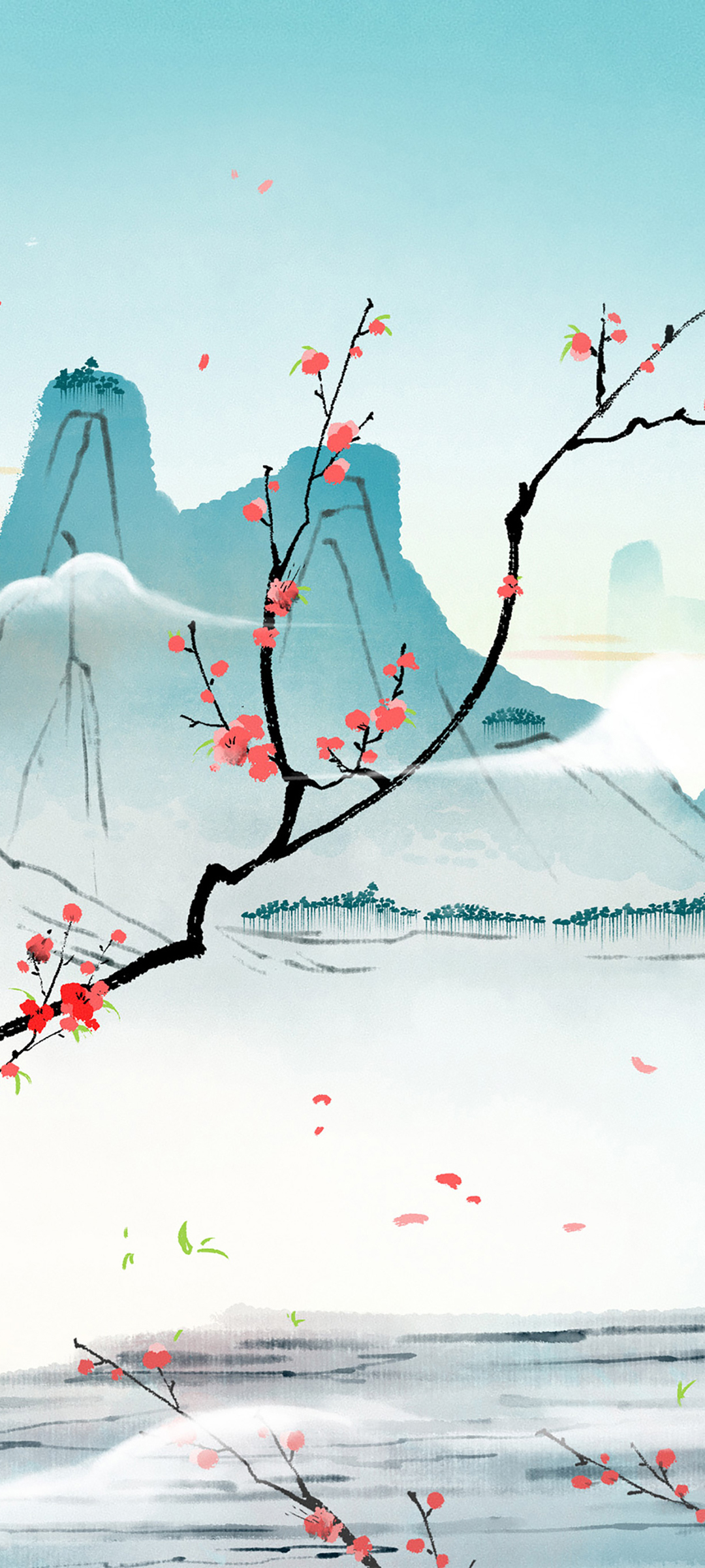 中国风风景 手绘画 山 梅花高清手机壁纸