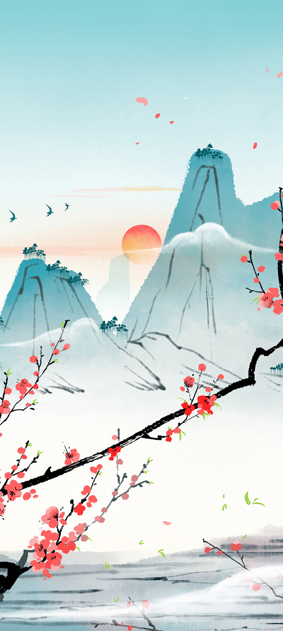 中国风 手绘画风景 山 日出 梅花全屏高清手机壁纸