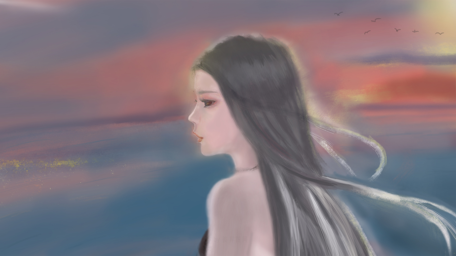原创 唯美 长发 少女 海边 云 动漫高清壁纸