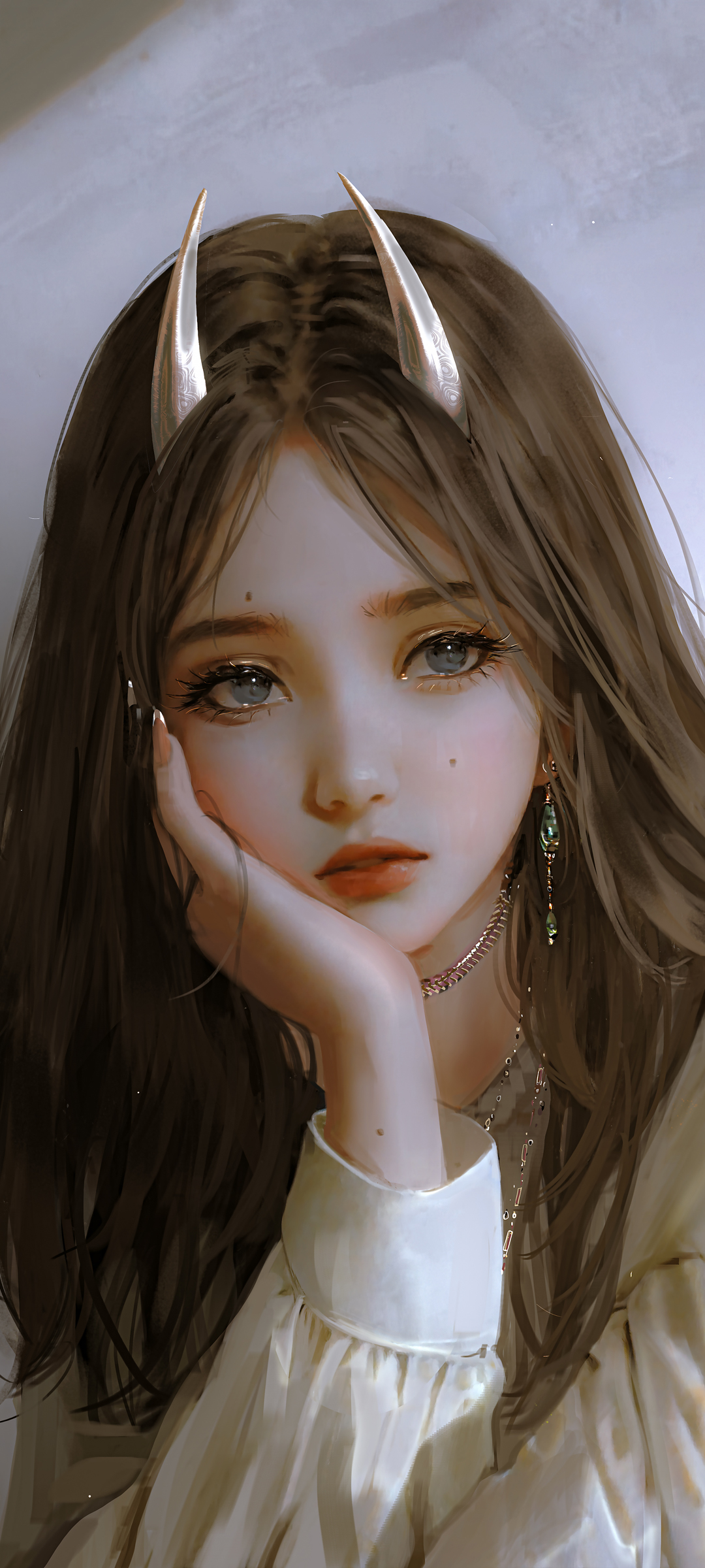 一手托腮的女孩 长发 兽角 动漫 高清手机 壁纸
