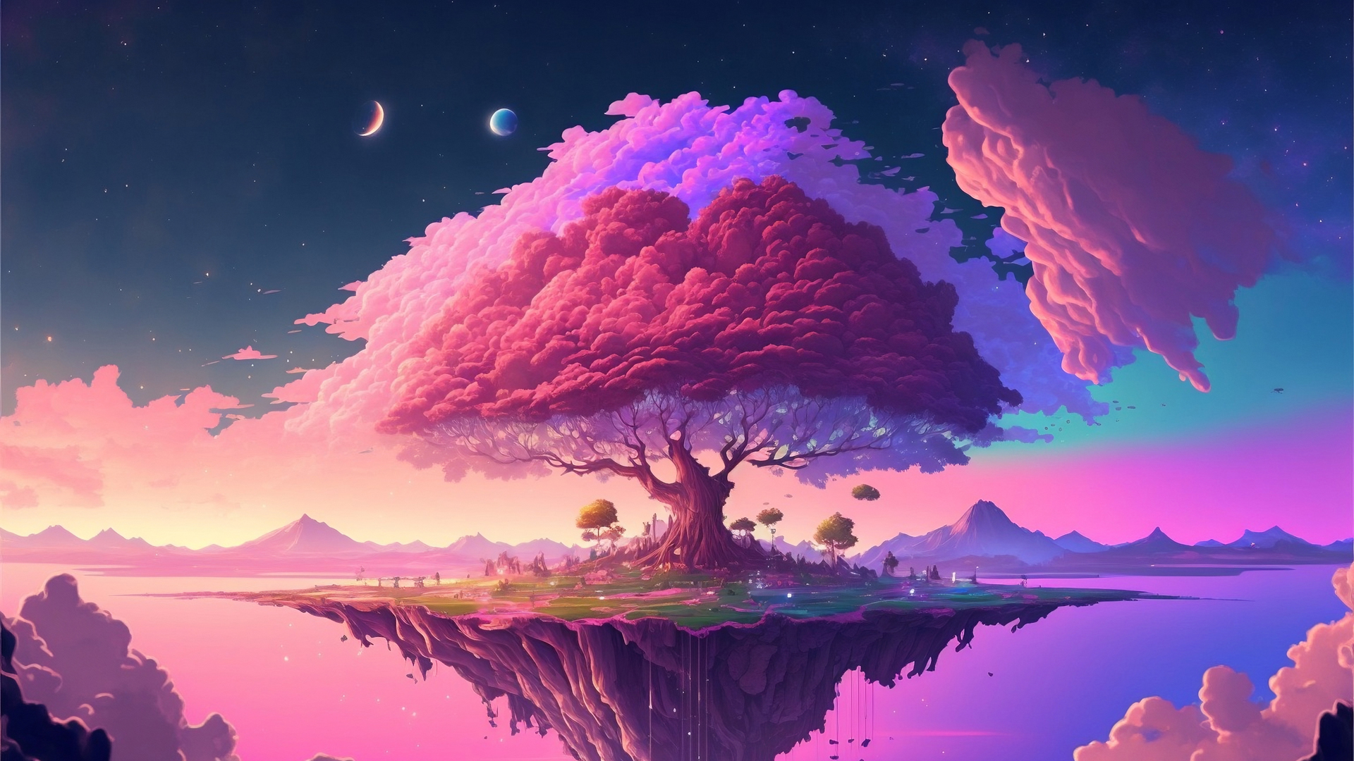 粉色的树木 岛屿 粉色云 树木 星星 月亮 唯美 动漫 风景 高清壁纸