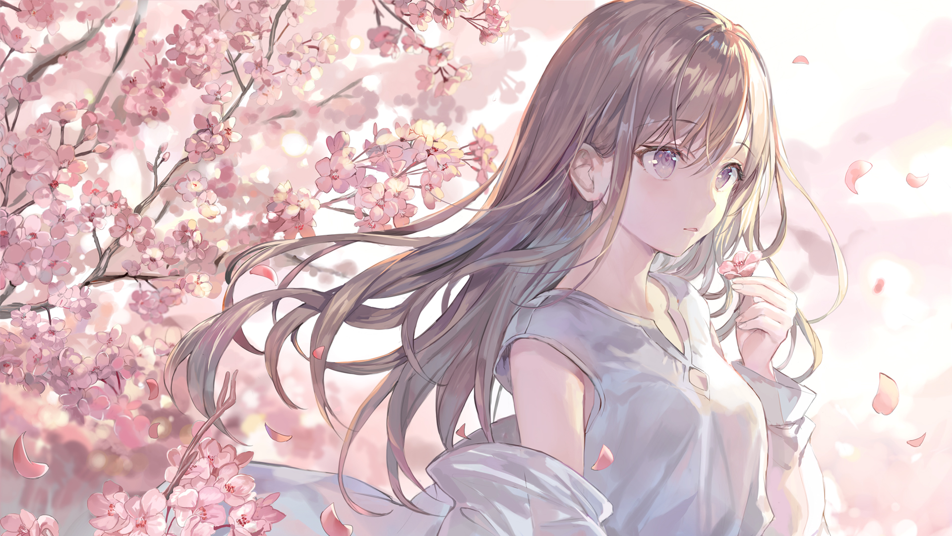 樱花 茶色长发女子精选高清壁纸
