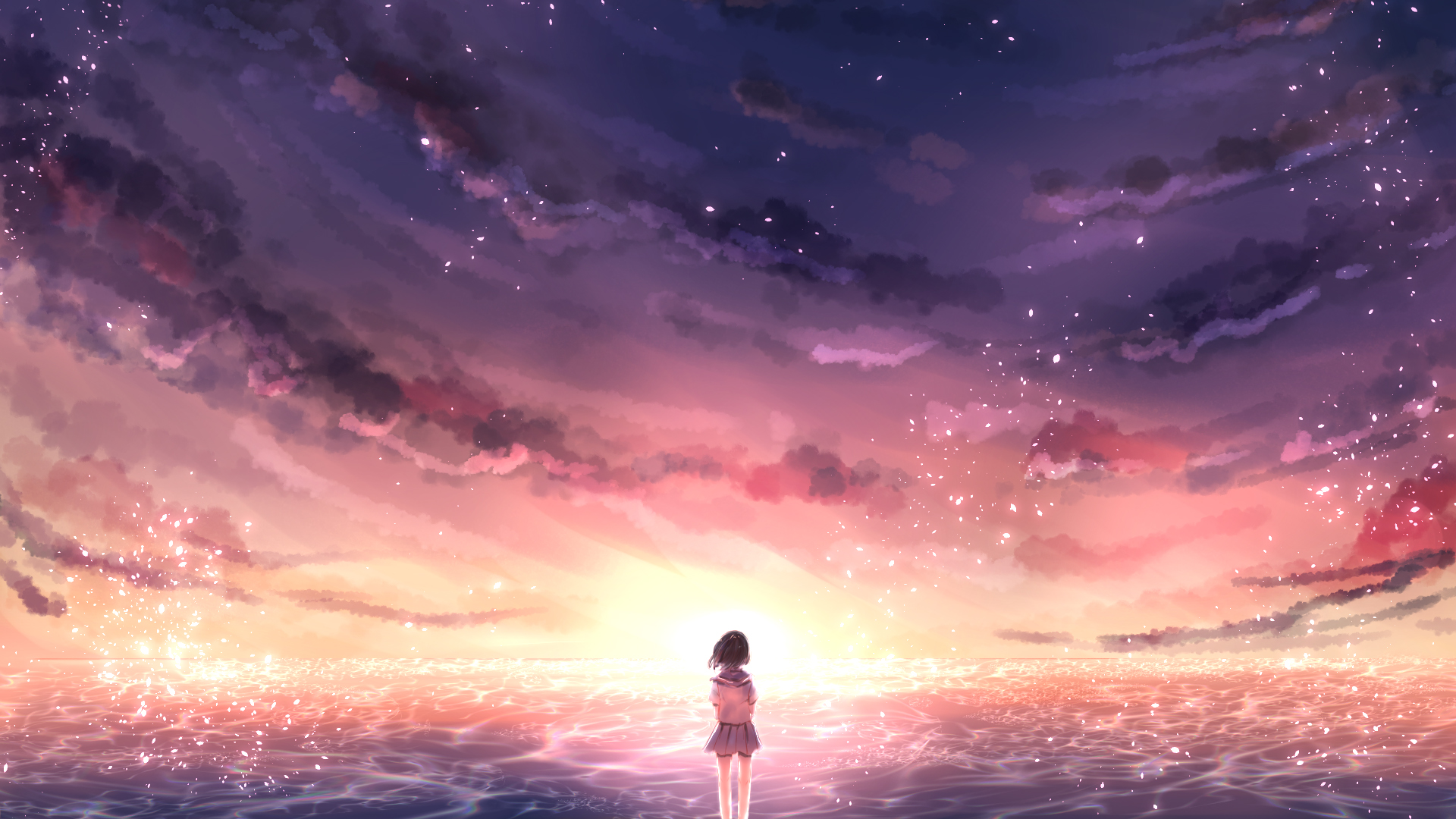 天空风景 海 女孩子 水手服 晚霞 唯美动漫高清壁纸