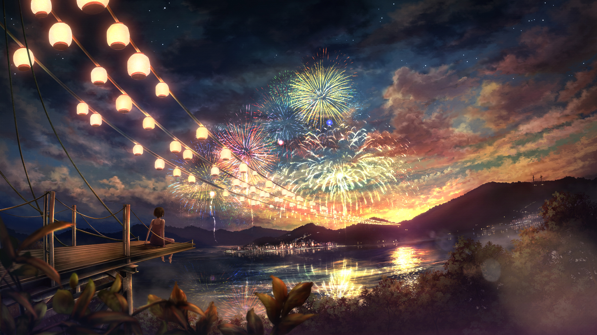 晚上星空风景 看烟花的女孩2k精选高清壁纸