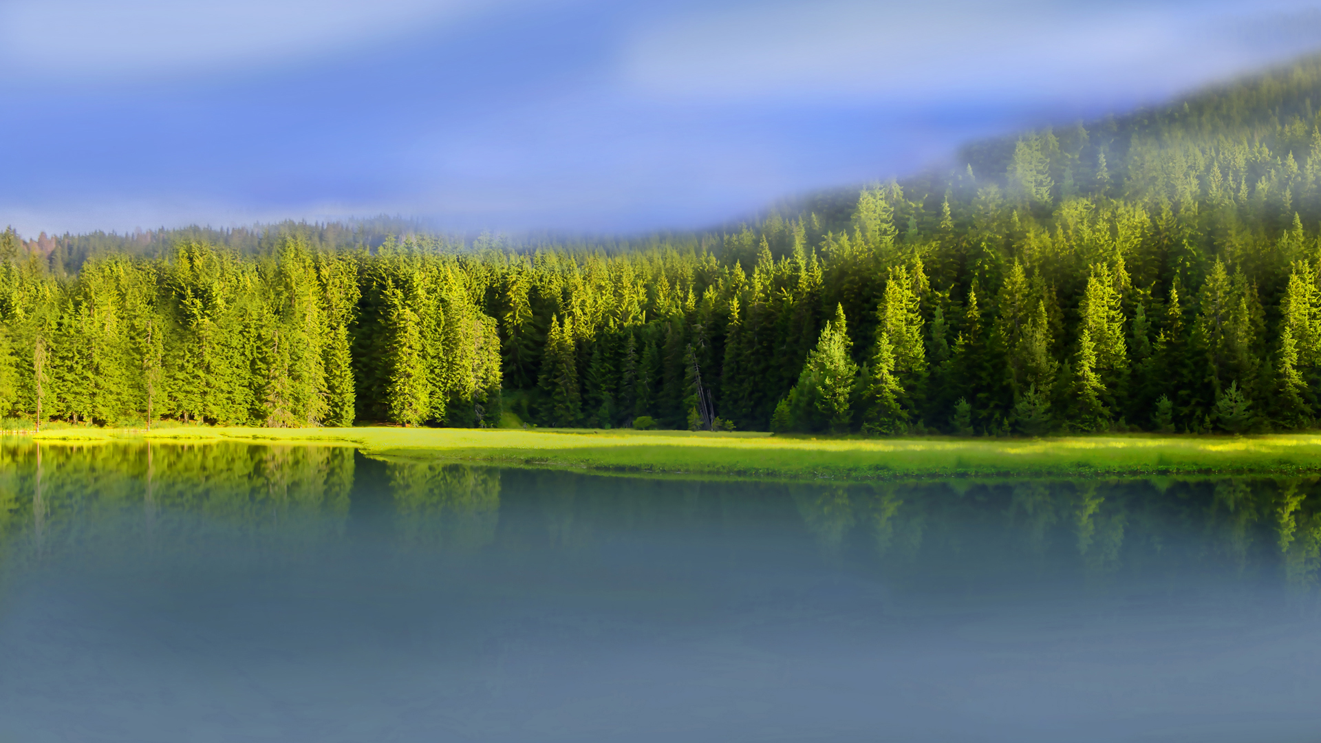 山水风景 雾 朦胧 树 湖水 自然 护眼 电脑 高清壁纸