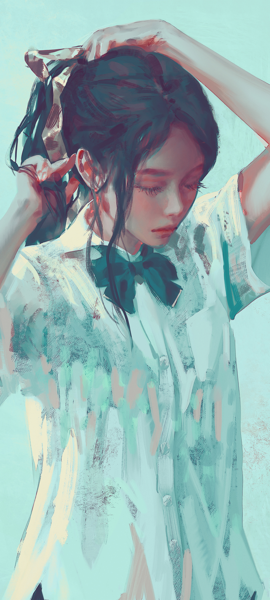 女孩 校服 衬衫 马尾辫 厚涂画高清手机壁纸