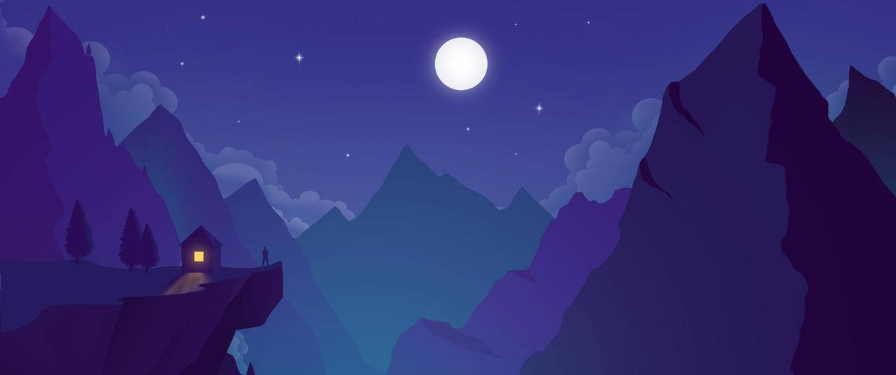 晚上山房子人月亮奇幻风景辨率带鱼屏高清壁纸
