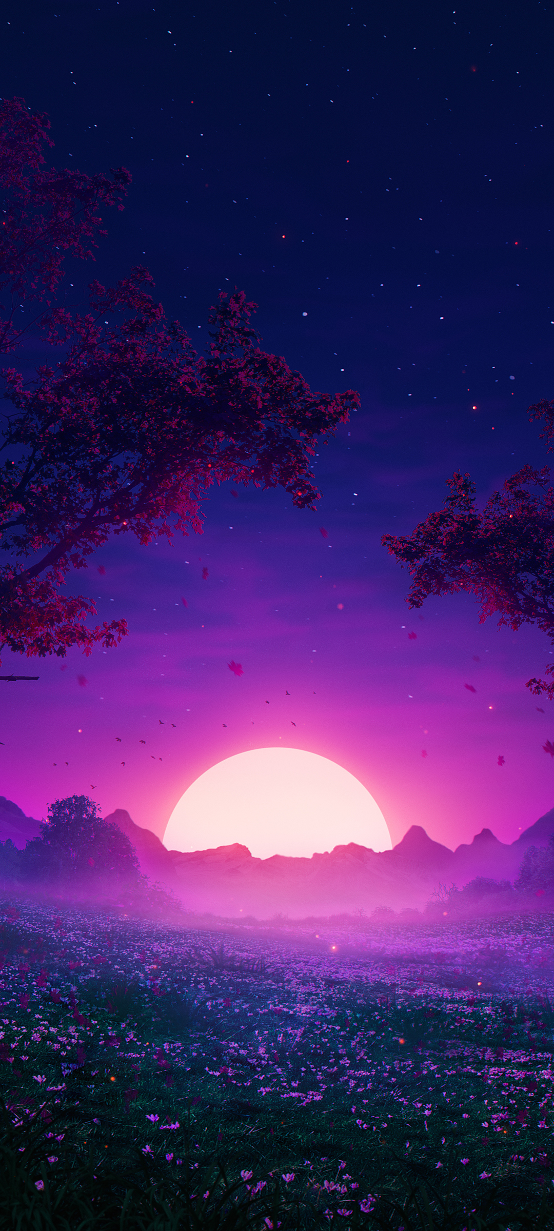 唯美紫色梦幻风景 鲜花 月亮 高清手机壁纸