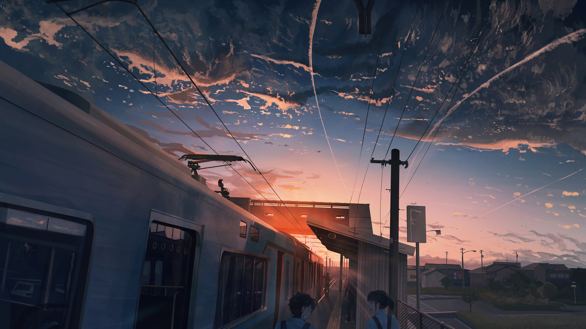 天空 夕阳 电车 女孩男孩 动漫人物风景高清壁纸
