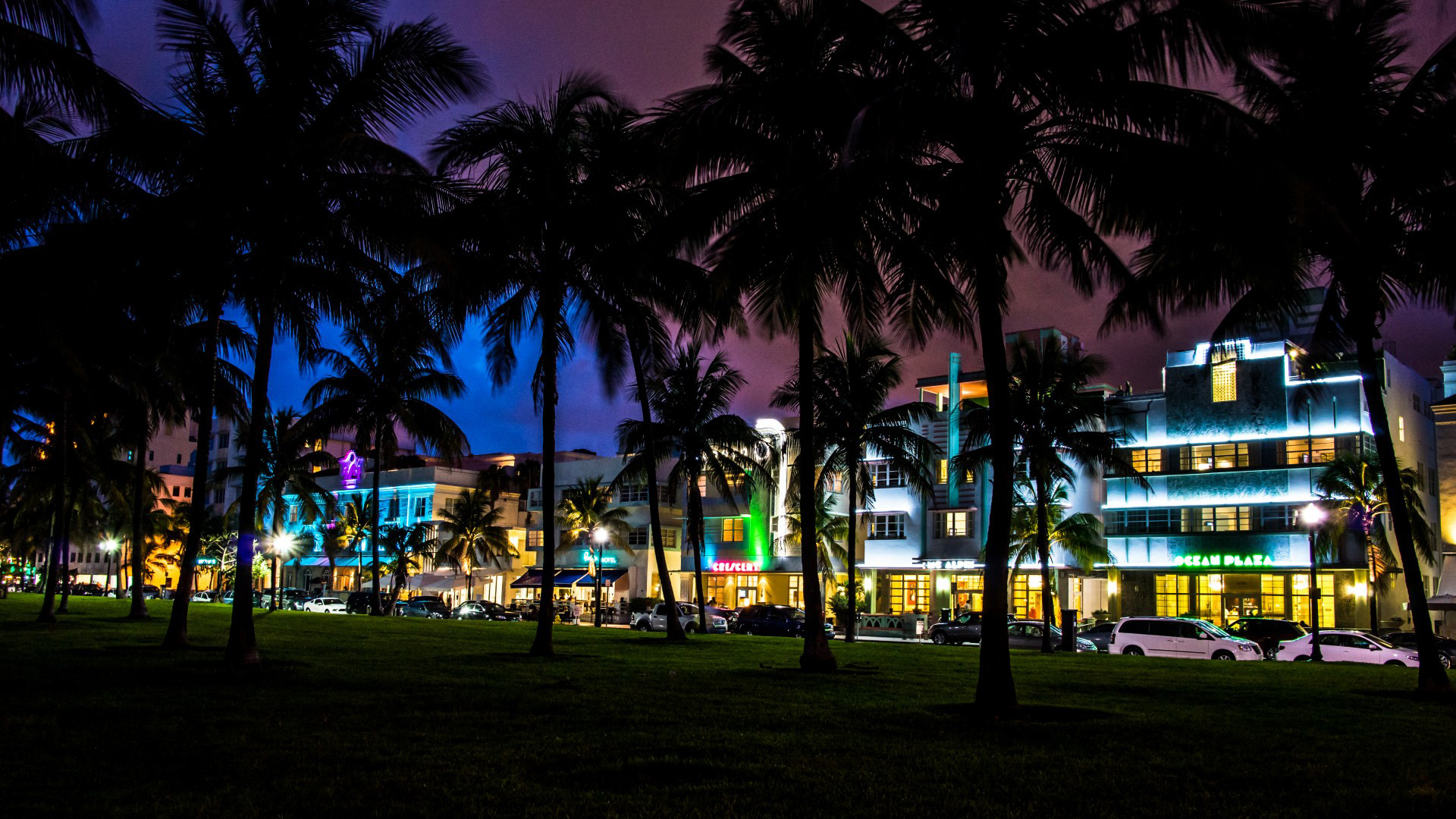 佛罗里达州,迈阿密,南海滩,夜间城市风景桌面高清壁纸