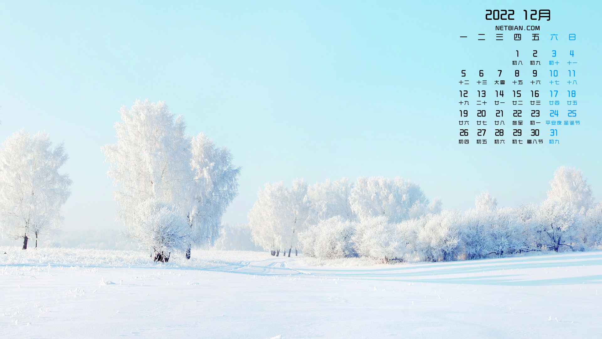 冬天 雪景 雪地 树 风景 2022年12月日历 桌面 高清壁纸