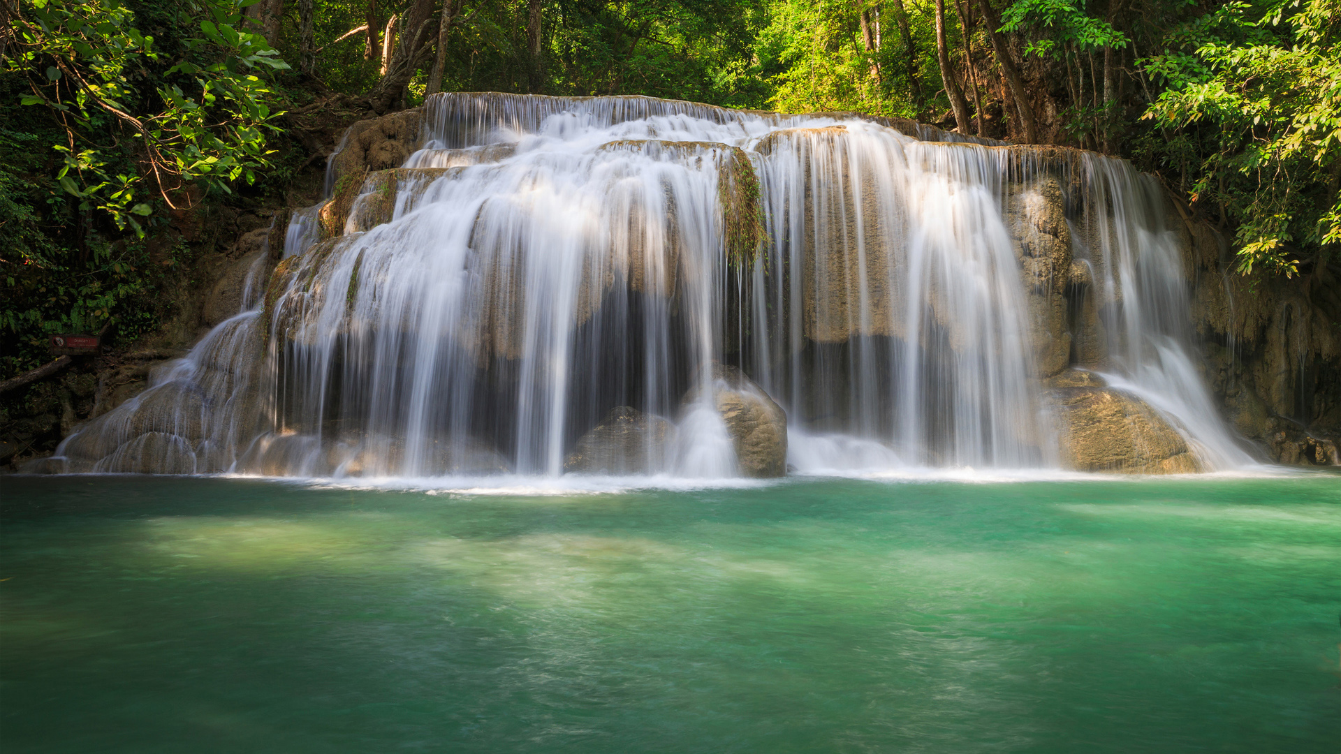 绿色森林 树木 水 瀑布风景桌面高清壁纸