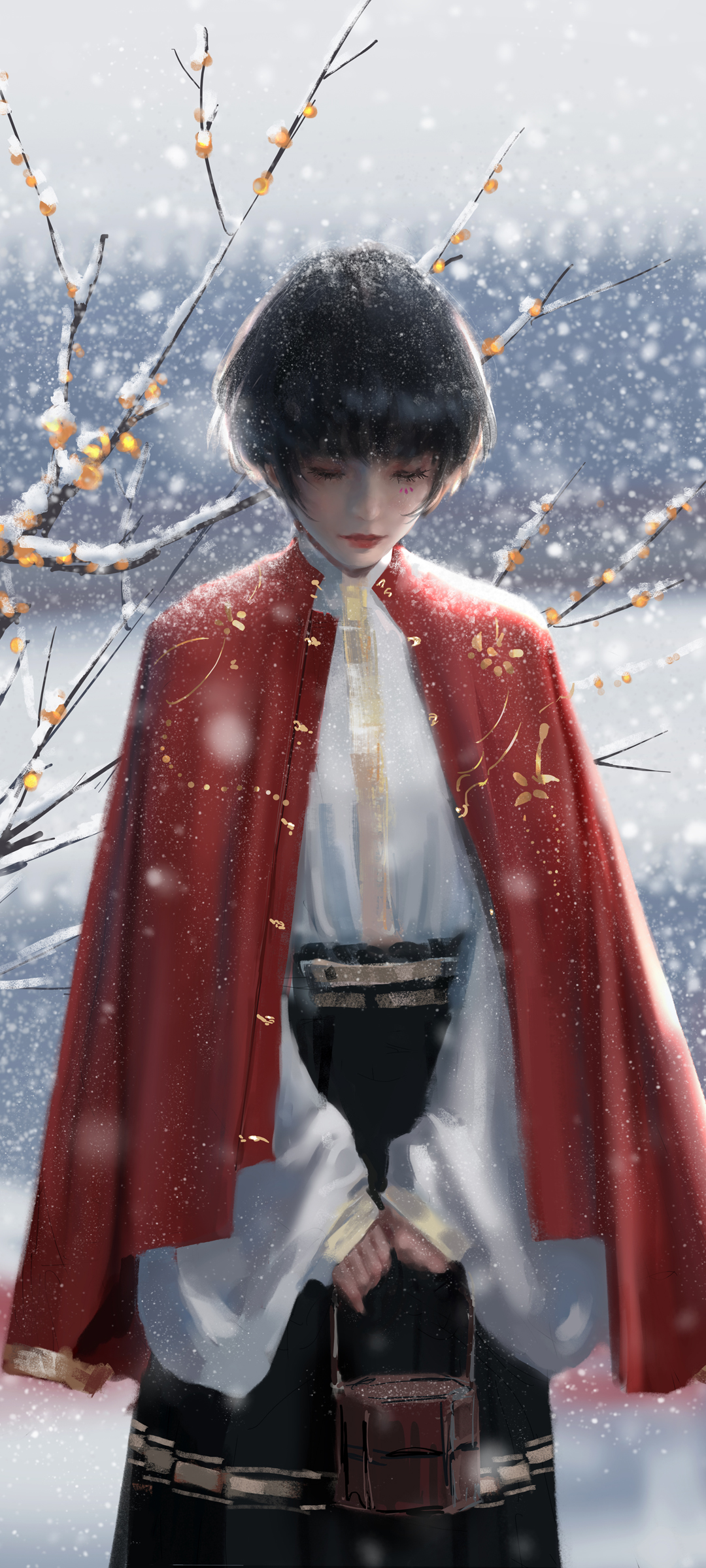 冬天 雪 波波头短发女孩 披风 鬼刀唯美高清手机壁纸