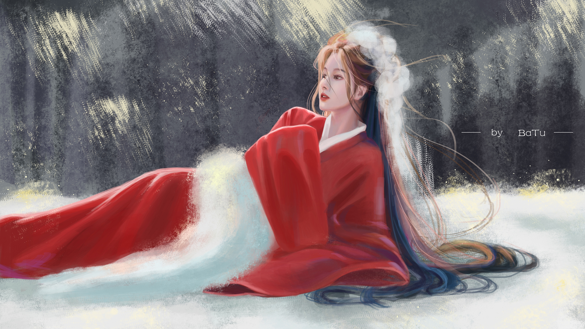 巴图BaTu 原创 森林雪地 红色古装女子 精选高清壁纸