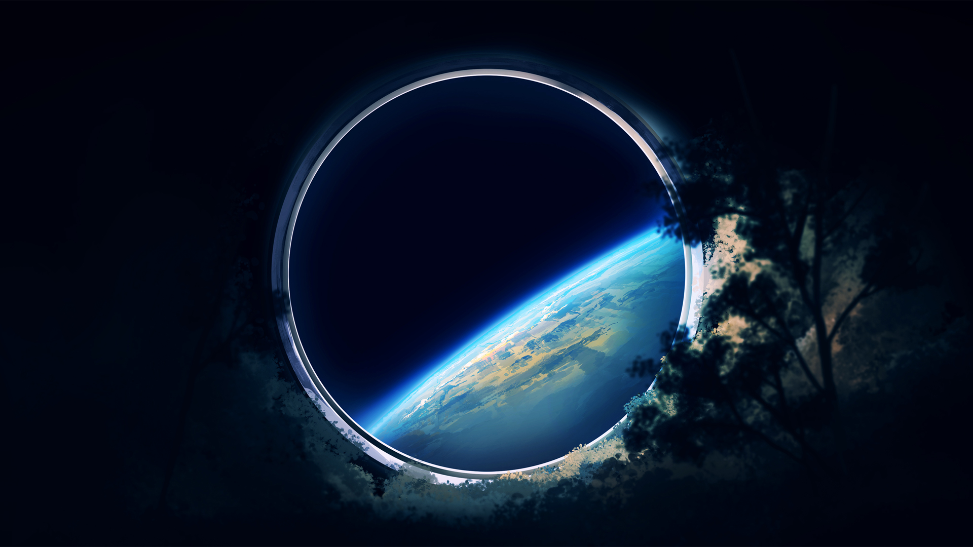 黑色背景 动漫 插画 深色系风景 窗口 树 宇宙 星球 行星 精选高清壁纸