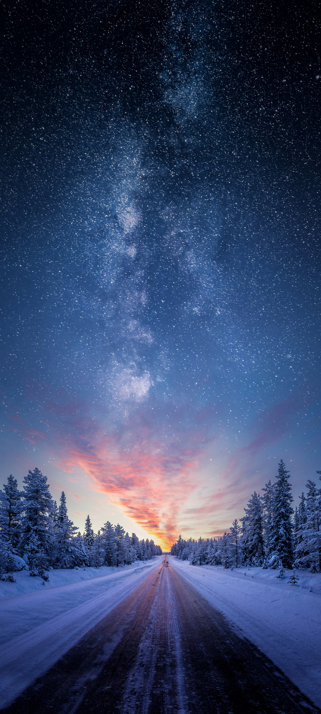 冬季夜晚星空雪景道路风景高清手机壁纸