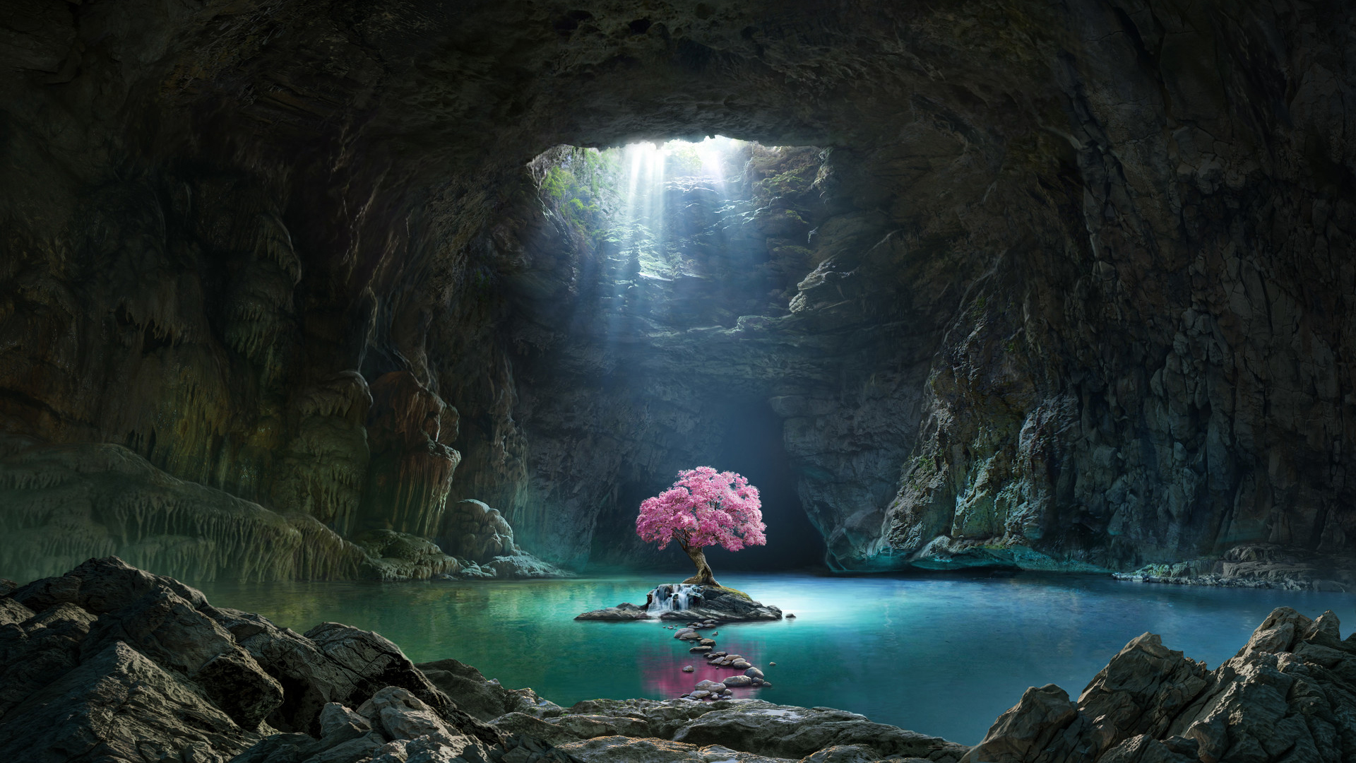 石洞 洞穴 阳光 湖水 粉色的树木 岩石 精选风景高清壁纸