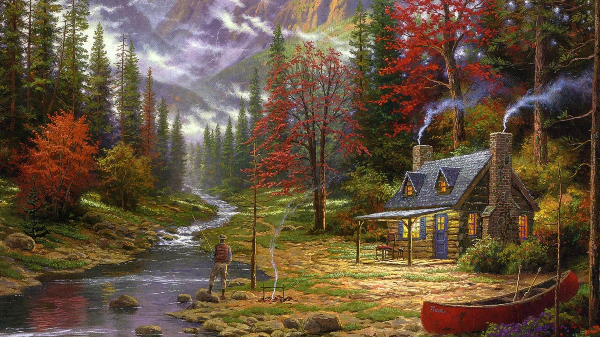 托马斯·金凯德，美好的生活，画，林中的小屋，溪流，垂钓，风景桌面高清壁纸