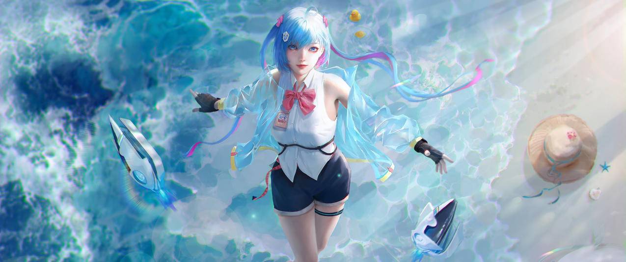 海滩 厚涂 插画 少女 动漫 3440x1440带鱼屏高清壁纸