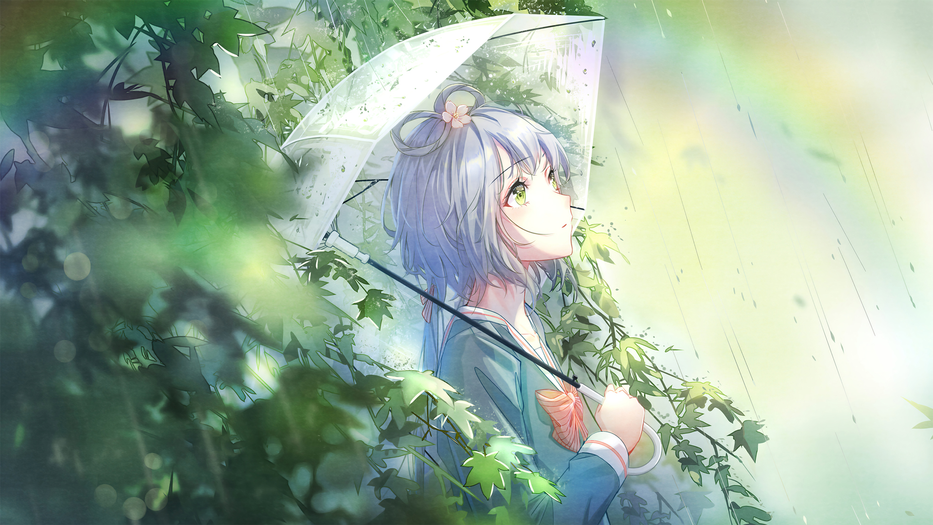 雨天 树林 女孩 伞 树叶 动漫高清壁纸