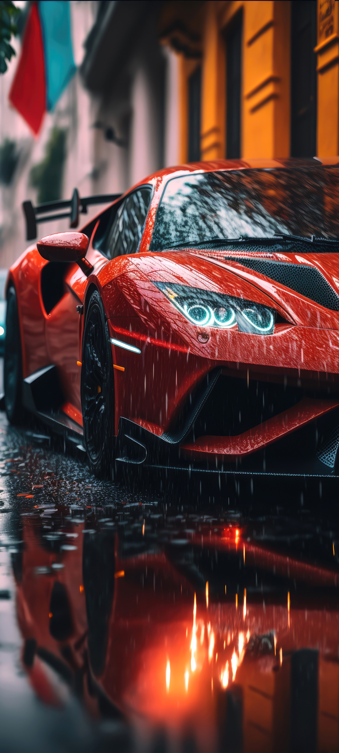 红色跑车雨天高清手机壁纸
