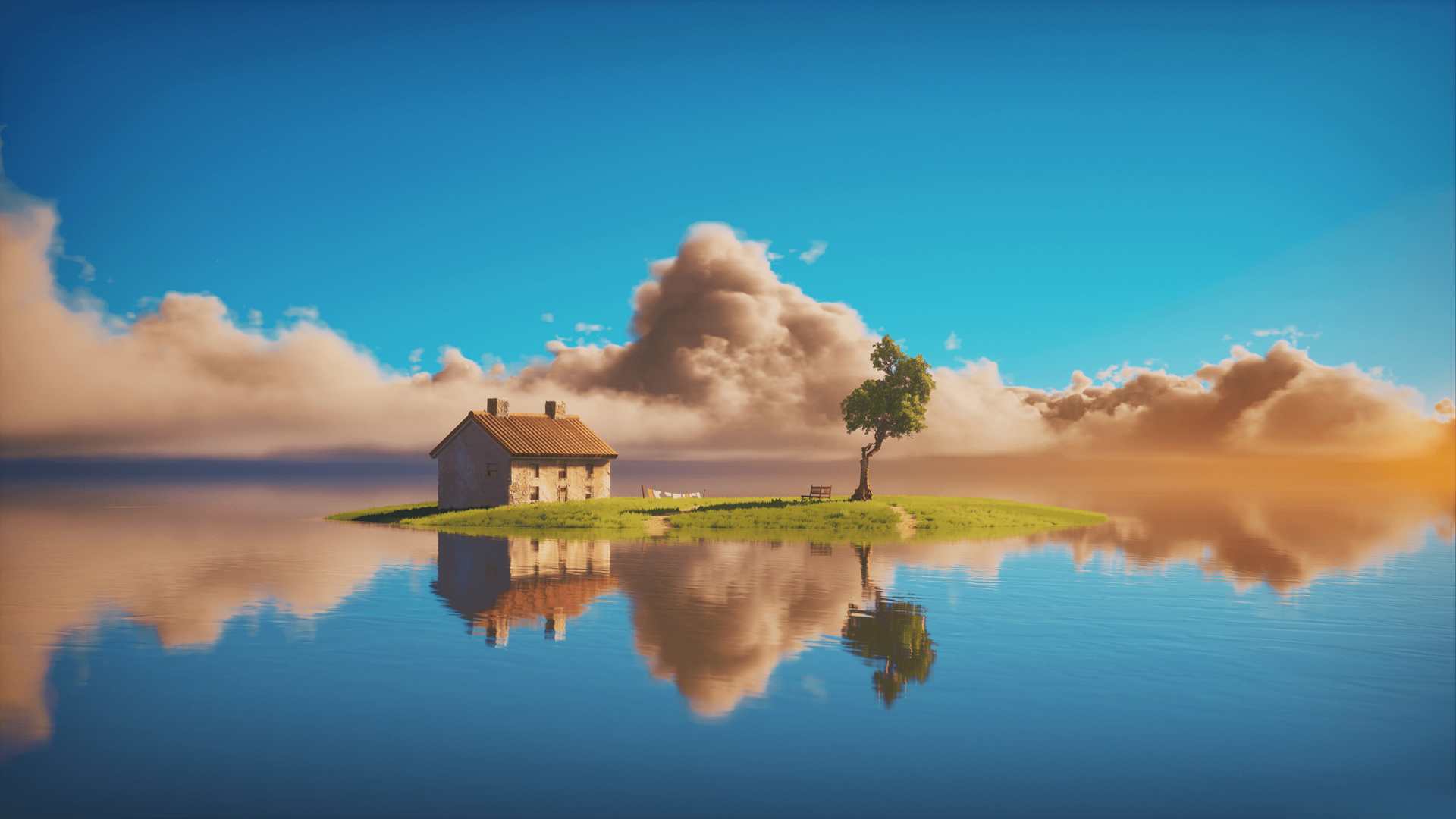 小岛上的房子 海水 树 天空 云 3d 风景 高清壁纸