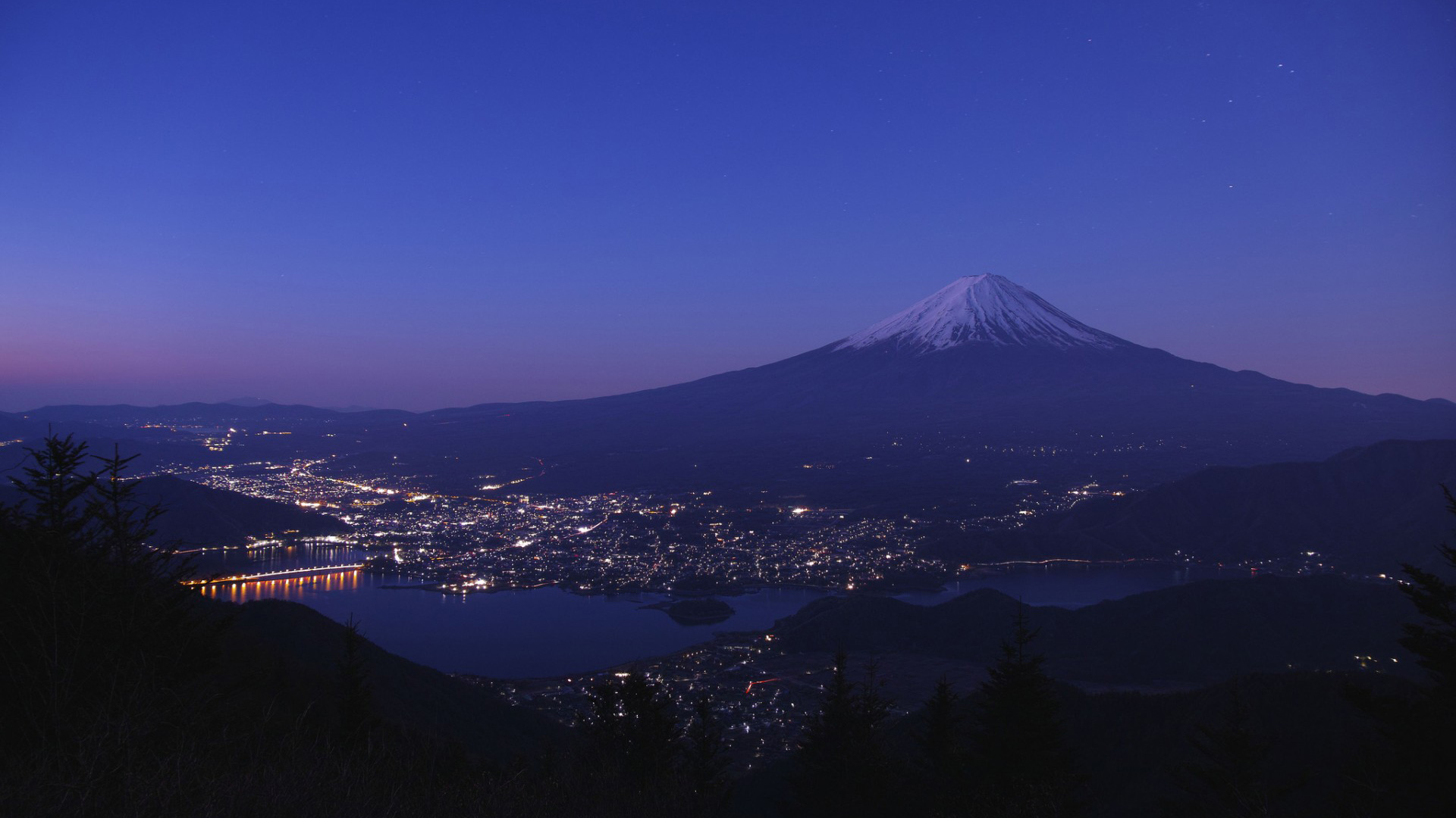 富士山，夜晚，天空，风景桌面高清壁纸