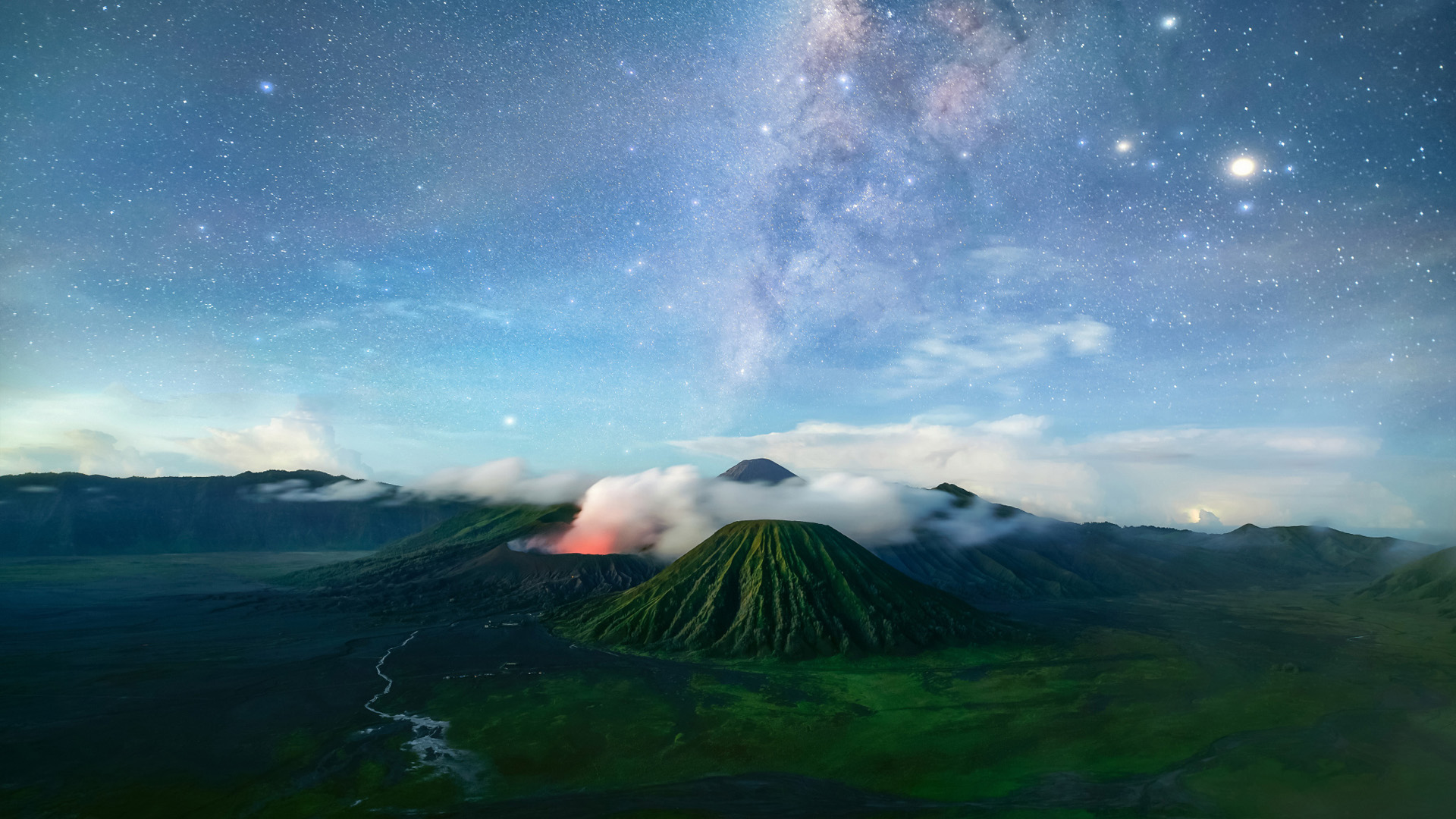 晚上,星星,火山风景电脑高清壁纸