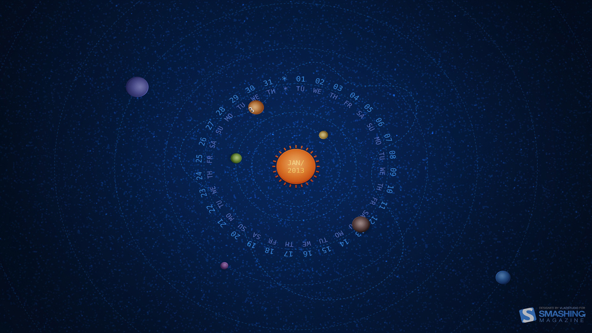 宇宙星球的轨迹 2013年1月日历桌面高清壁纸