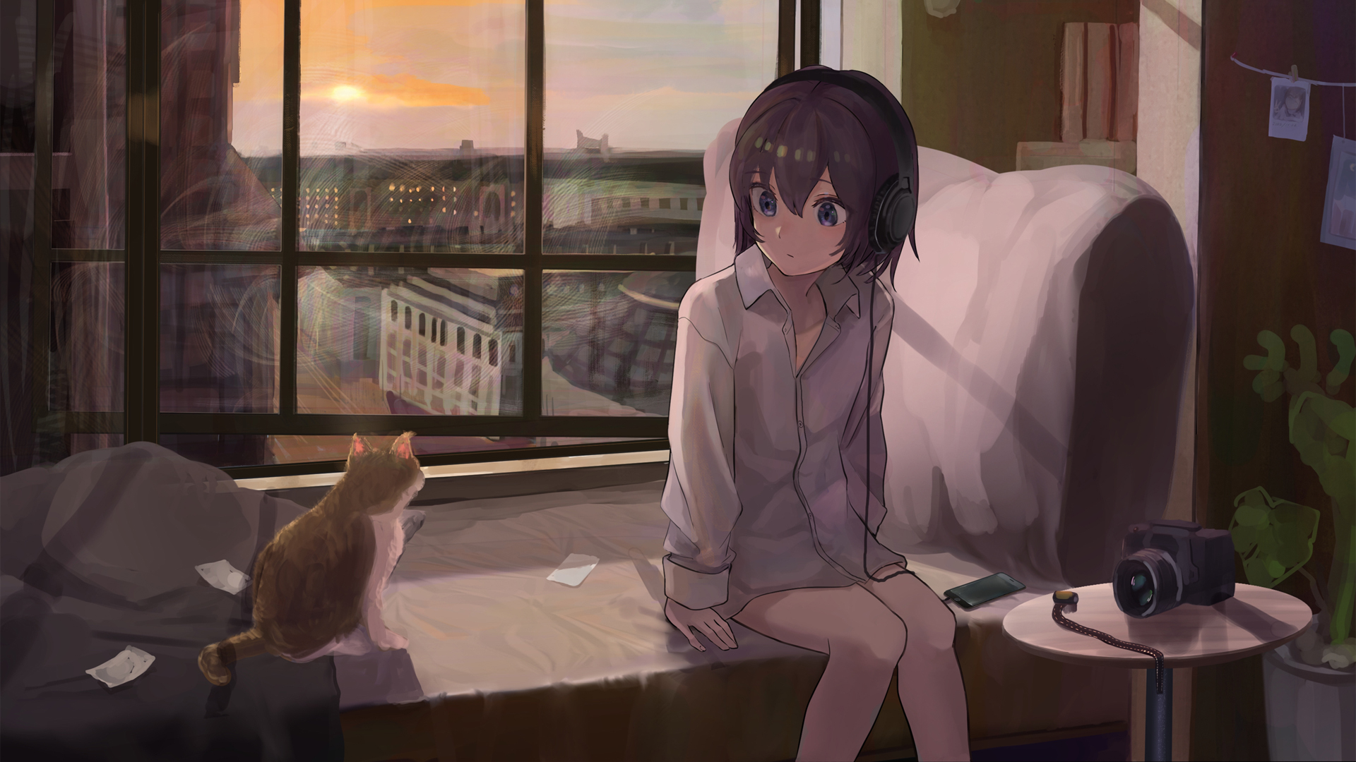 女生 猫 窗户 唯美动漫高清壁纸