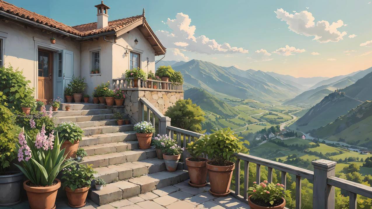 田园小屋 阶梯 花盆 鲜花 高处小房子风景4K高清壁纸3840x2160