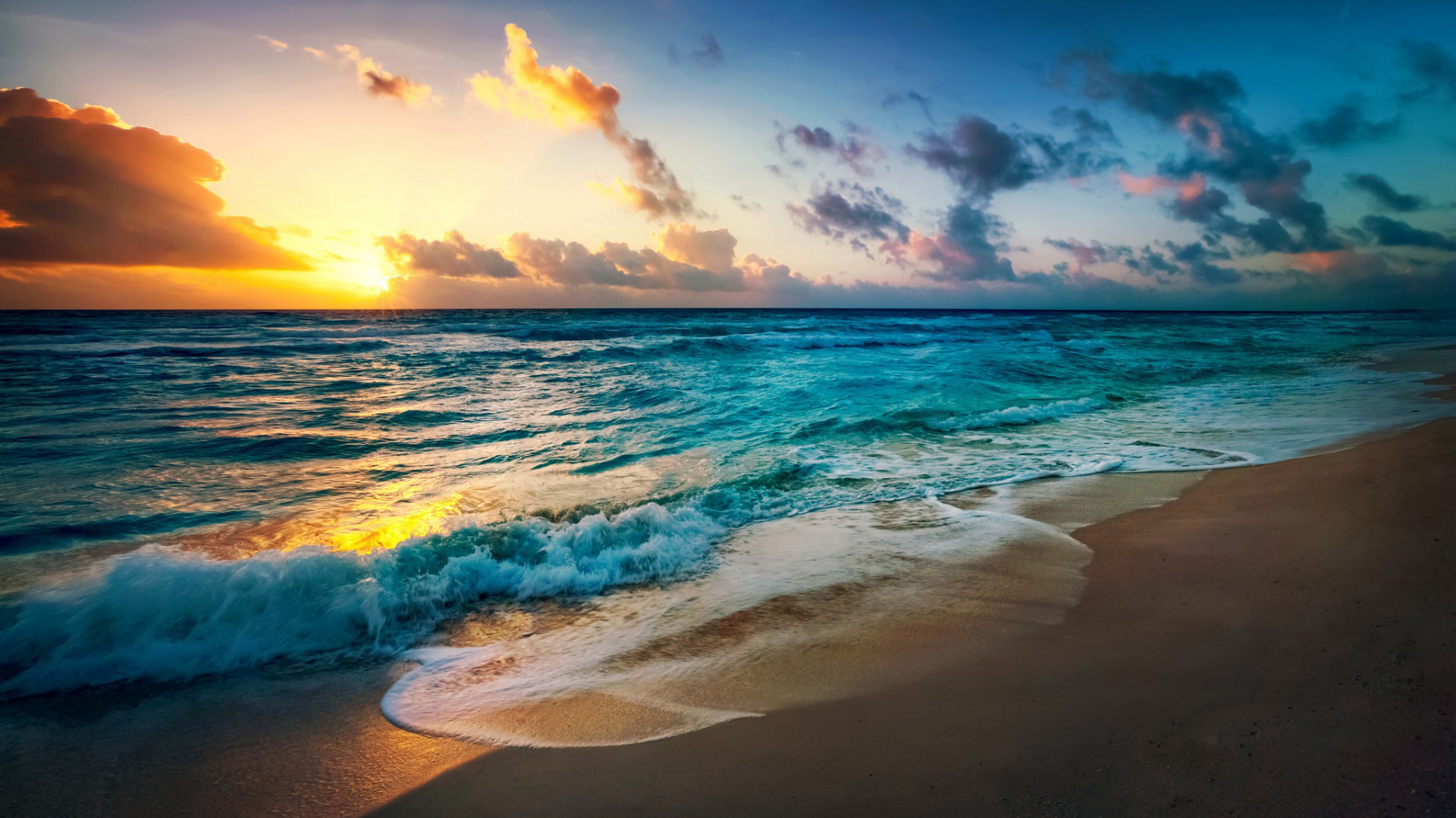 夕阳,沙滩,大海,海洋,天空风景桌面高清壁纸