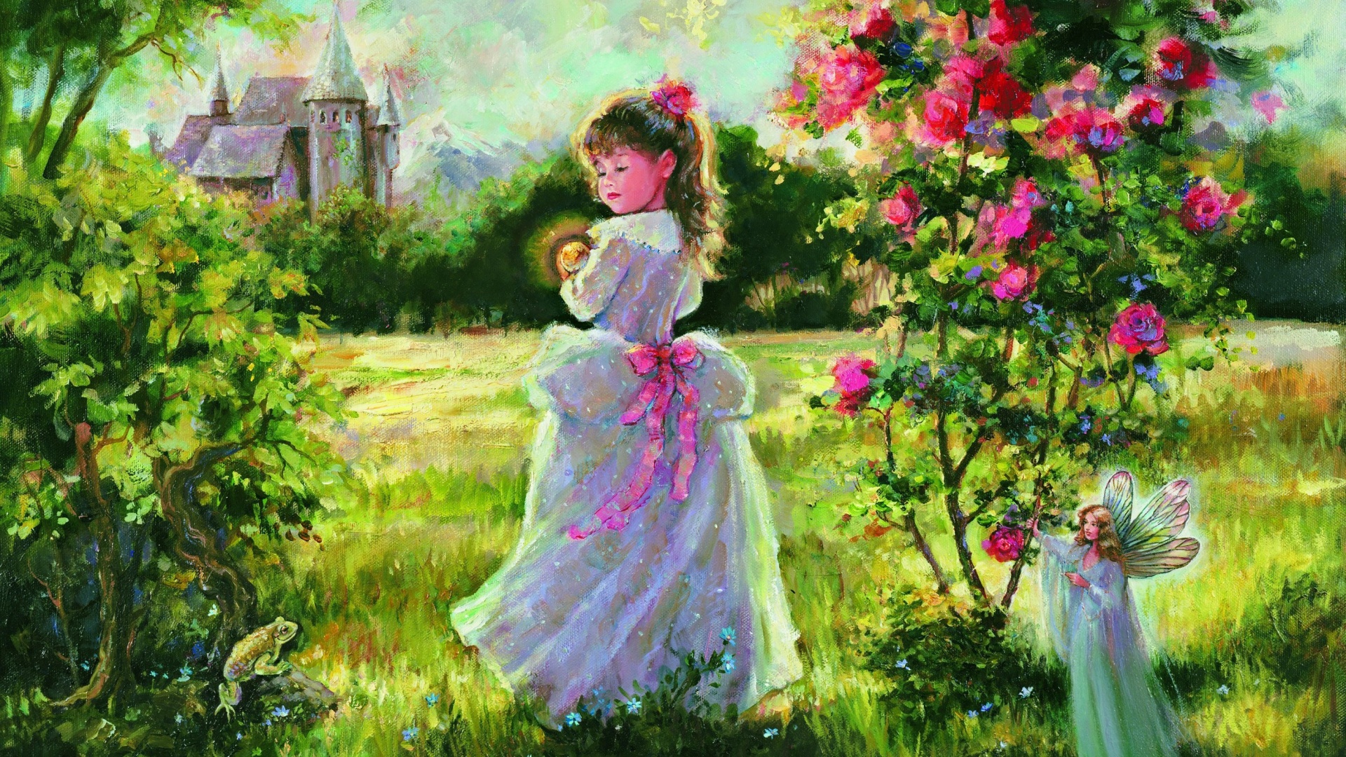 女孩,童话,城堡,青蛙,花草树木,画家:玛丽·巴克斯特圣克莱尔,桌面高清壁纸