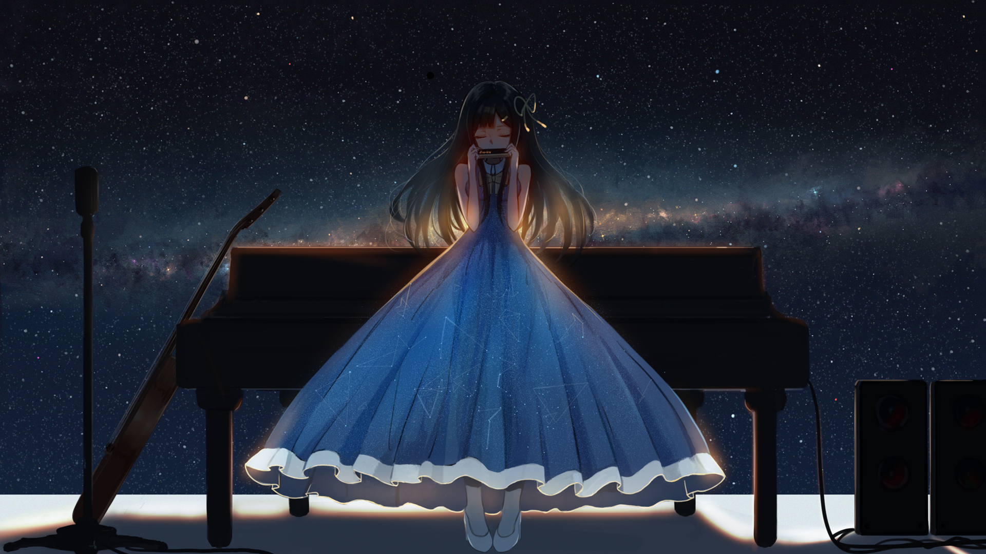 女孩子 星空 宇宙 口琴 动漫高清壁纸