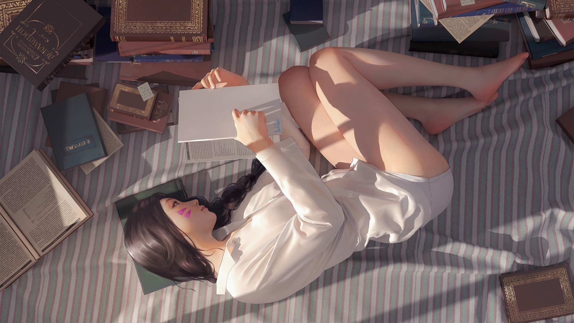 看书的女孩 白衬衫动漫美女高清壁纸