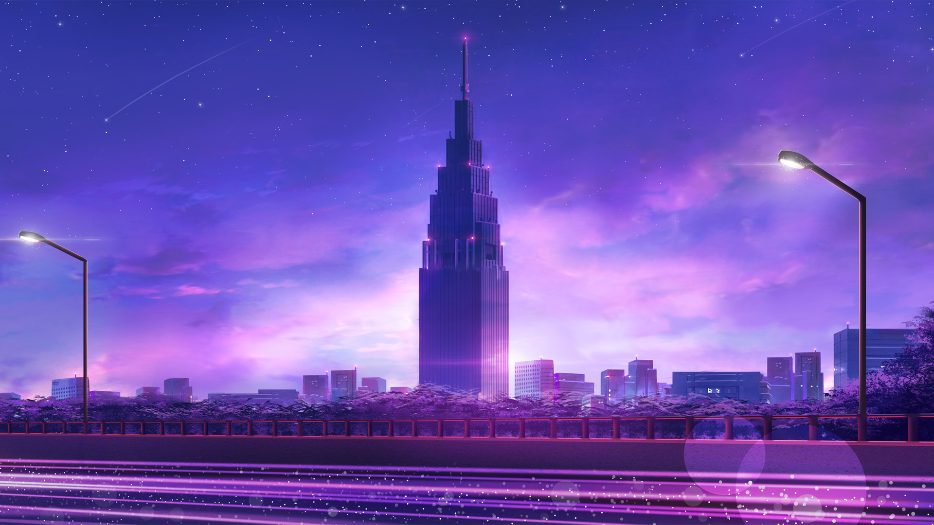 城市 高楼 夜晚 路灯 公路 天空 星星 流星 动漫高清壁纸