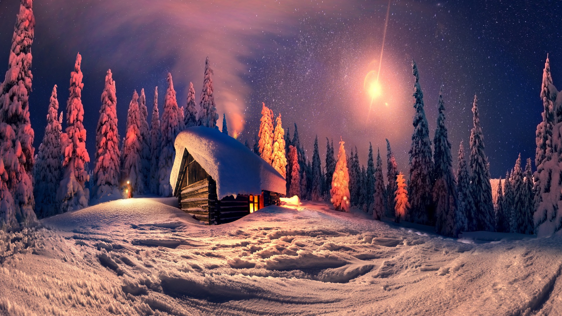 晚上,冬季,雪,小屋,圣诞夜,树,雪地,风景桌面高清壁纸