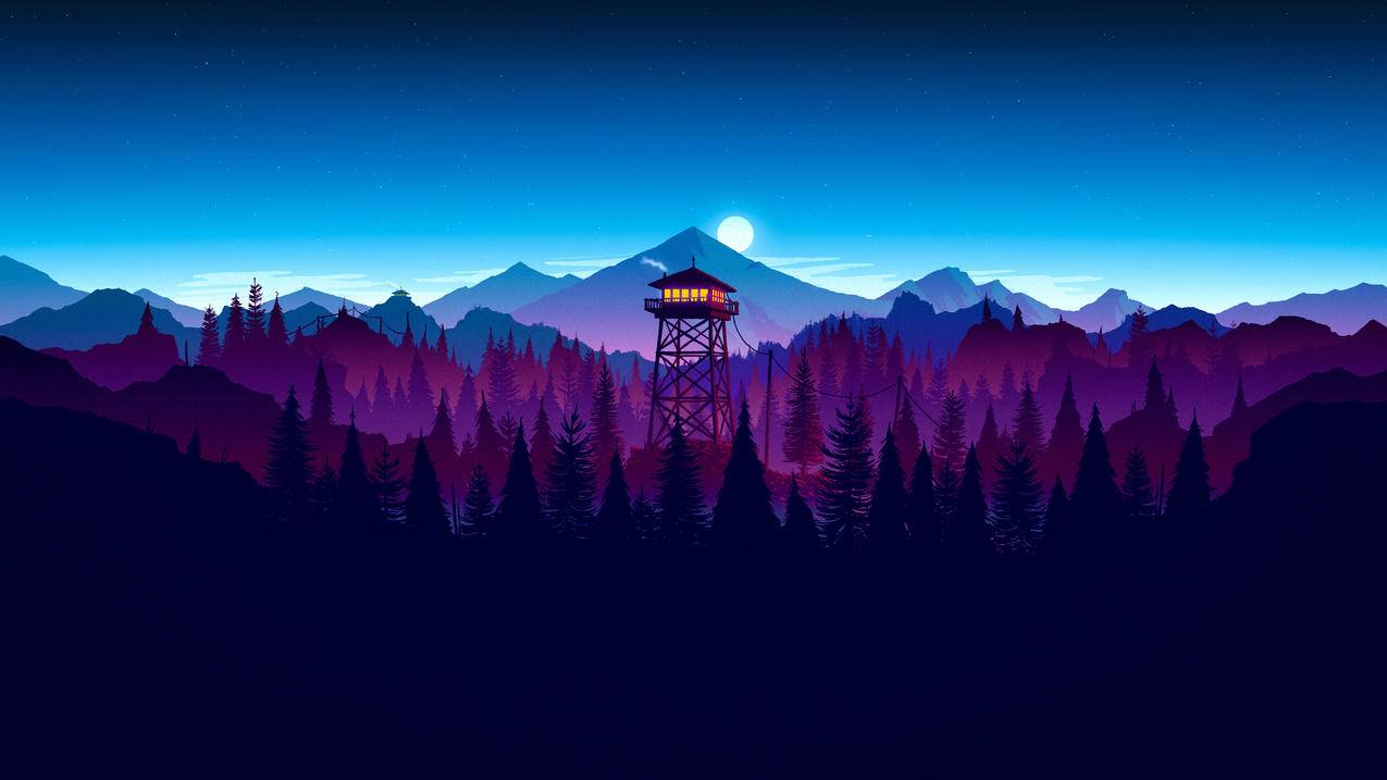 山瞭望塔树林月亮绘画风景4k高清壁纸