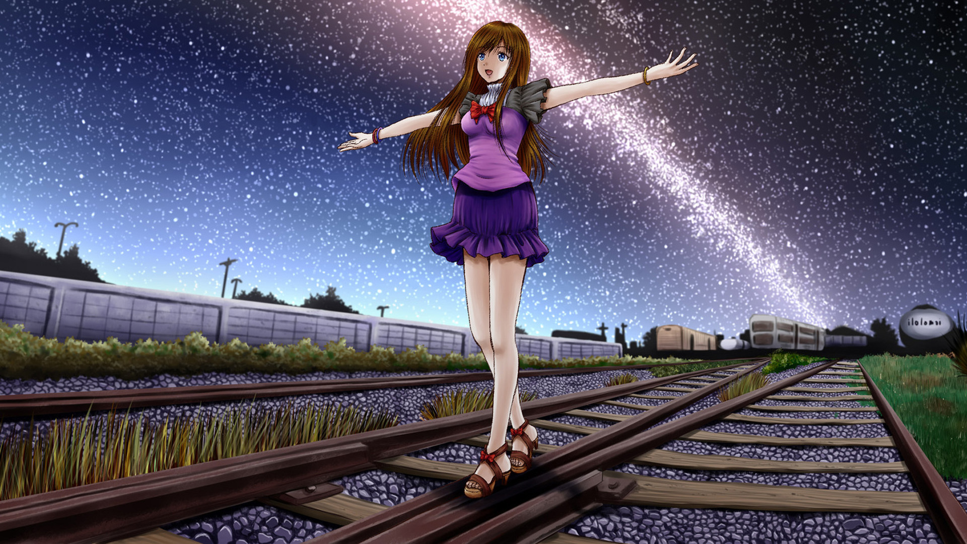 女孩,铁路,风景,主题动漫桌面高清壁纸
