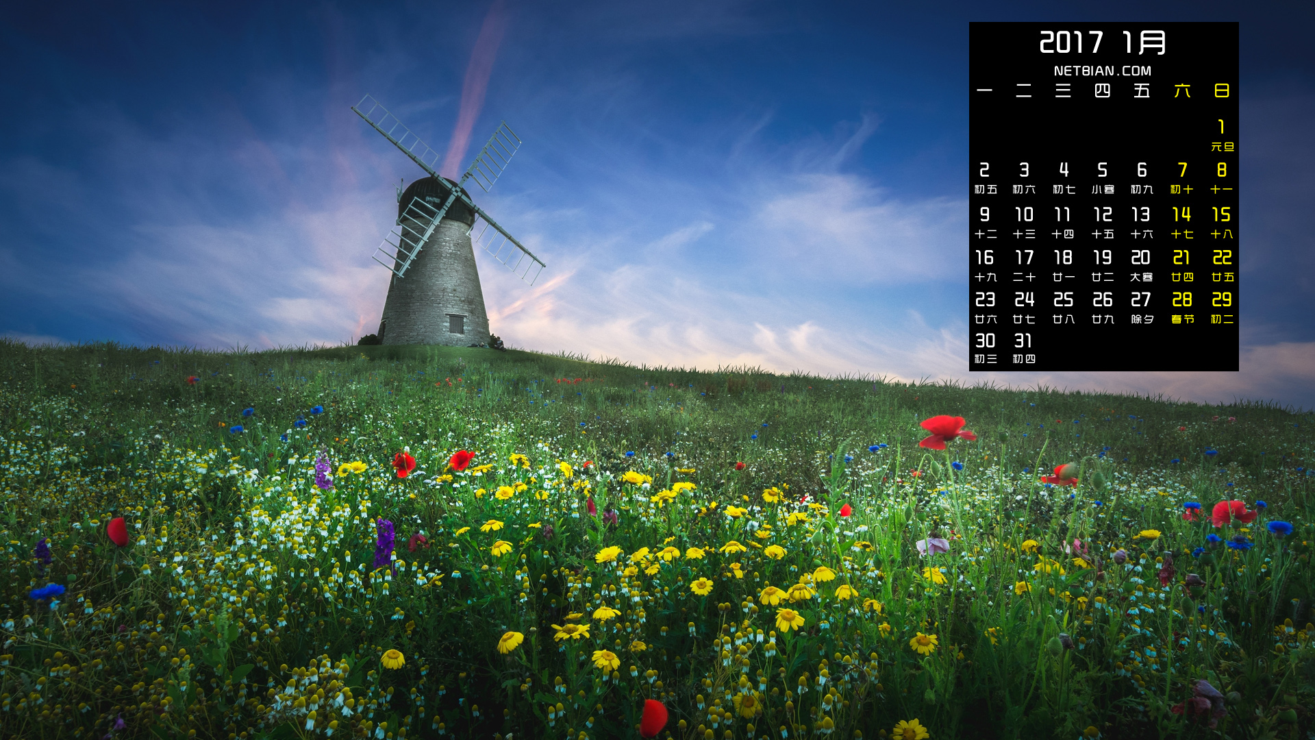鲜花风车磨坊2017年1月风景日历桌面高清壁纸